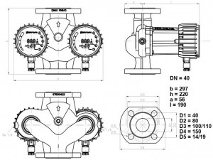 Poza Dimensiuni Pompa dubla cu turatie variabila IMP PUMPS NMTD SMART 40/40 F