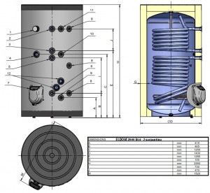 Poza Dimensiuni Boiler solar cu 2 serpentine si rezistenta electrica ELDOM 2000 litri