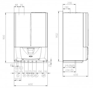 Poza Dimensiuni Centrala murala in condensatie cu boiler INOX 60 litri incorporat IMMERGAS VICTRIX ZEUS SUPERIOR 25 putere ACM 25 kW si putere incalzire 20,2 kW